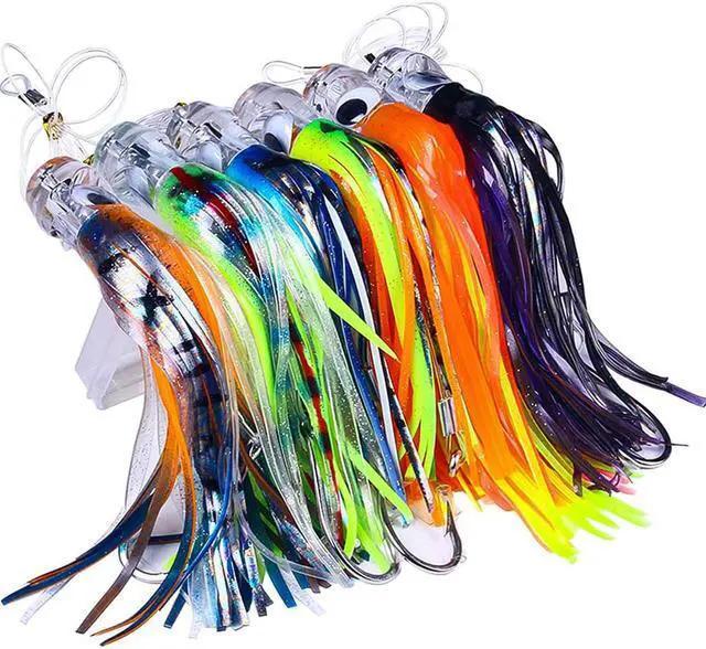 Main image of 6pc Resin Head Octopus Soft Skirt Lure, Deep Sea Fishing Big Trolling Bait For Tuna, Wahoo Fast Sinking 22cm/8.66in 100g/3.53oz