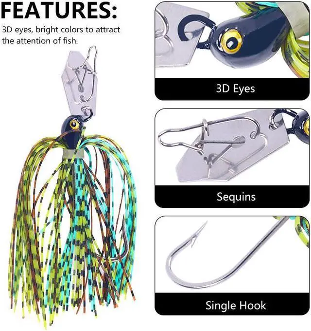 Alt view image 4 of 7 - 5pcs Fishing Chatterbait, Metal Blade Spinner Lure With Rubber Skirt Artificial Wobbler Buzzbait Jigging Spoon For Pike