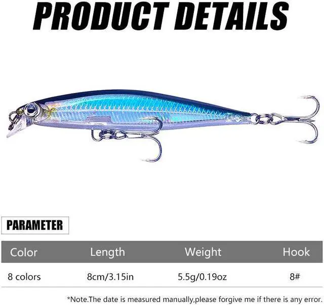 Alt view image 3 of 7 - 8pcs Suspending Minnow Bait With Treble Hooks, Jerkbait Long Casting Crankbait Wobbler For Fishing, Hard Bait 8cm/3.14in 5.5g