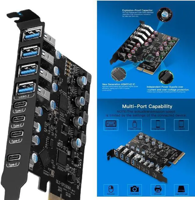 Alt view image 2 of 7 - 8-Port PCIe to USB3.2 Card Expansion 20Gbps 8 Ports USB3.1 Type-C x 4 & USB3.1 TypeA x4 PCIE Splitter Adapter Card