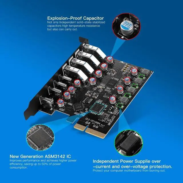 Alt view image 3 of 7 - 8-Port PCIe to USB3.2 Card Expansion 20Gbps 8 Ports USB3.1 Type-C x 4 & USB3.1 TypeA x4 PCIE Splitter Adapter Card