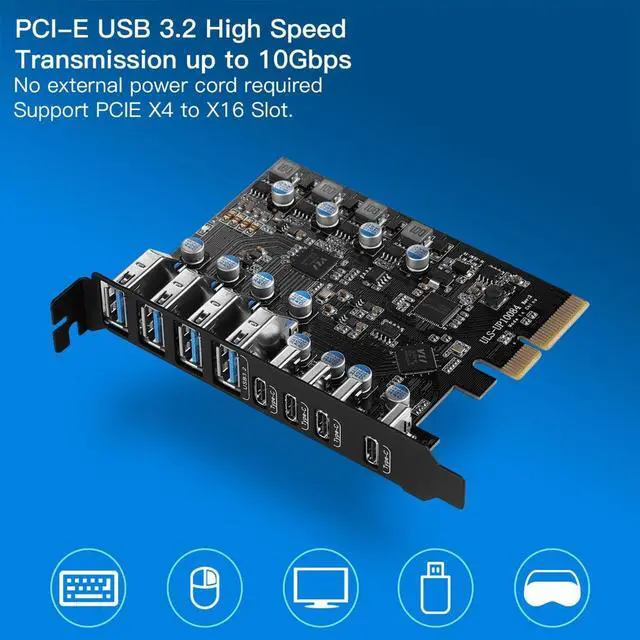 Alt view image 7 of 7 - 8-Port PCIe to USB3.2 Card Expansion 20Gbps 8 Ports USB3.1 Type-C x 4 & USB3.1 TypeA x4 PCIE Splitter Adapter Card