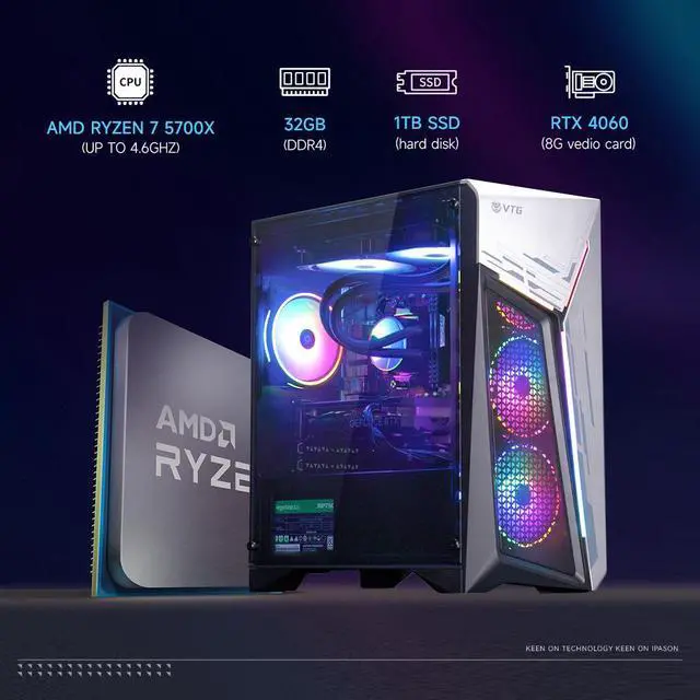 Alt view image 3 of 7 - VTG Gaming PC Ryzen7 5700X , NVIDIA RTX4060 , 32GB DDR4 , 1TB SSD NVMe , 240 Liquid Cooler ,650W PSU, Wi-Fi, Windows 11 Home 64-bit, prebuilt gaming desktop