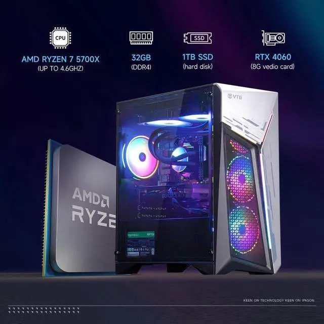 Alt view image 3 of 7 - VTG Gaming PC Ryzen7 5700X , NVIDIA RTX4060 , 32GB DDR4 , 1TB SSD NVMe , 240 Liquid Cooler ,650W PSU, Wi-Fi, Windows 11 Home 64-bit, prebuilt gaming desktop