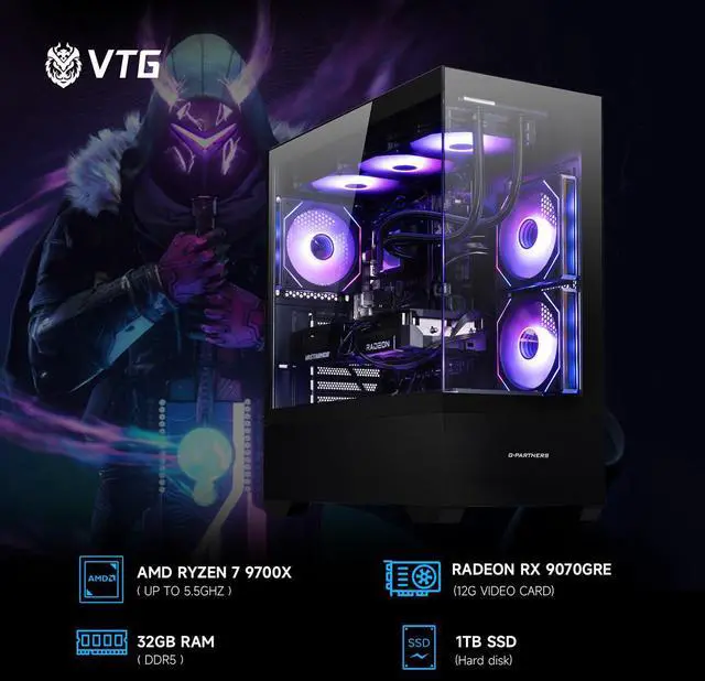 Alt view image 3 of 7 - VTG Gaming PC AMD Ryzen7 9700X, Radeon RX 9070 GRE 12G, 1TB NVME SSD, 32GB DDR5 RAM , 850W GOLD PSU ,360MM AIO liquid cooler , MSI B650M , Windows 11 Home, WIFI,  Prebuilt Gaming Pc New computer
