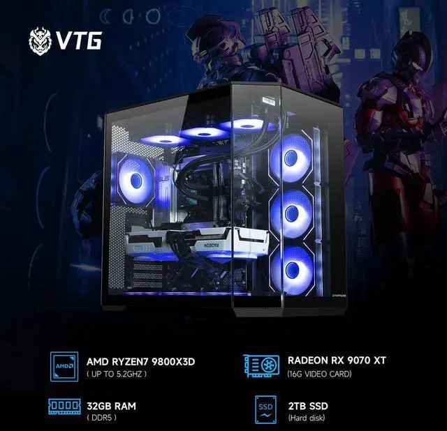 Alt view image 2 of 7 - VTG Gaming PC Desktop AMD Ryzen7 9800X3D ,Radeon RX9070XT 16G, 2TB NVME SSD, 32GB DDR5 RAM , 850W GOLD PSU ,  X870-P , Windows 11 Home 64-bit ,  WIFI, Prebuilt Gaming Pc New computer