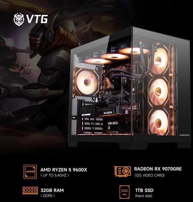 Alt view image 3 of 7 - VTG Gaming Desktop PC , Ryzen5 9600X, Radeon RX 9070 GRE ,MSI B650M 32GB DDR5 1TB NVMe SSD, 650W GOLD PSU, Wi-Fi,360 Liquid Cooler,ARGB Fans , Windows 11 Home 64-bit ,Prebuilt Gaming Pc New computer