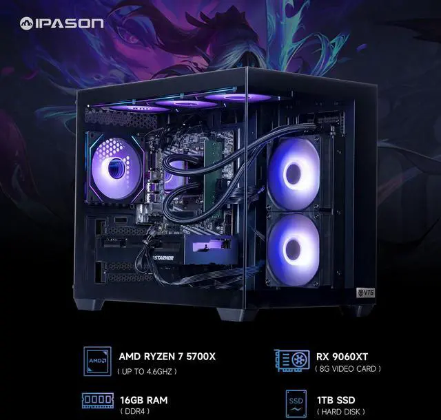 Alt view image 2 of 7 - VTG Gaming Desktop PC , Ryzen7 5700X, Radeon RX 9060XT , 16GB DDR4,1TB NVMe SSD, 550W PSU, AIO liquid cooler,Wi-Fi,,ARGB Fans , Windows 11 Home 64-bit ,Prebuilt Gaming Pc New computer