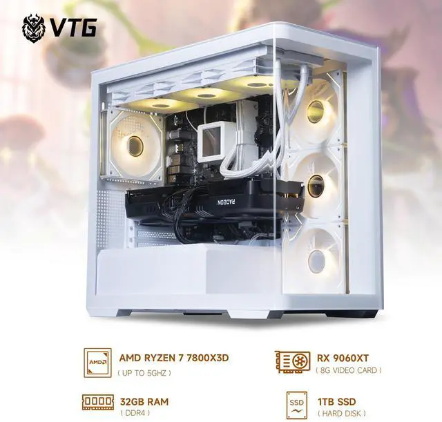 Alt view image 2 of 7 - VTG Vertium Gaming Desktop PC,AMD Ryzen7 7800X3D,Radeon RX 9070XT 16G,32GB DDR5 1TB NVMe SSD,850W GOLD PSU, Wi-Fi,360 Liquid Cooler,ARGB Fans , Windows 11 Home,White Prebuilt Gaming Pc New computer