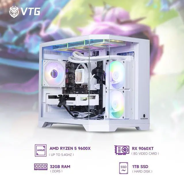 Alt view image 2 of 7 - VTG Gaming Desktop PC , Ryzen5 9600X, Radeon RX 9060XT 16G ,MSI B650M 32GB DDR5 1TB NVMe SSD, 650W GOLD PSU, Wi-Fi,360 Liquid Cooler,ARGB Fans , Windows 11 Home 64-bit ,Prebuilt Gaming Pc New computer