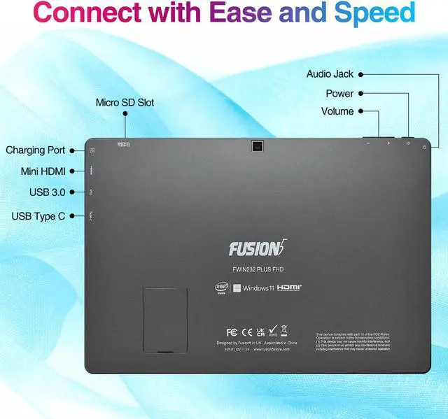 Alt view image 4 of 6 - Fusion5 10 inch Windows 11 Tablet PC - Ultra Slim Windows Tablet Computer - (8GB RAM, Full HD 10" Display, 5G WiFi, Intel Quad-Core CPU, USB 3.0, Micro HDMI, Dual Cameras, Bluetooth 4.4) - 128GB