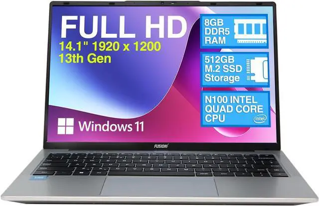 Main image of Fusion5 14.1" Windows 11 Full HD Laptop - 512GB SSD Storage, 8GB RAM, Quad-Core CPU, Dual-Band WiFi, USB 3.0, 14 Inch Display, Webcam