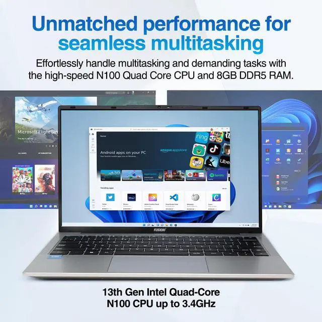 Alt view image 2 of 6 - Fusion5 14.1" Windows 11 Full HD Laptop - 512GB SSD Storage, 8GB RAM, Quad-Core CPU, Dual-Band WiFi, USB 3.0, 14 Inch Display, Webcam