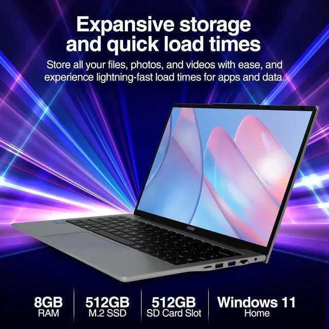 Alt view image 3 of 6 - Fusion5 14.1" Windows 11 Full HD Laptop - 512GB SSD Storage, 8GB RAM, Quad-Core CPU, Dual-Band WiFi, USB 3.0, 14 Inch Display, Webcam