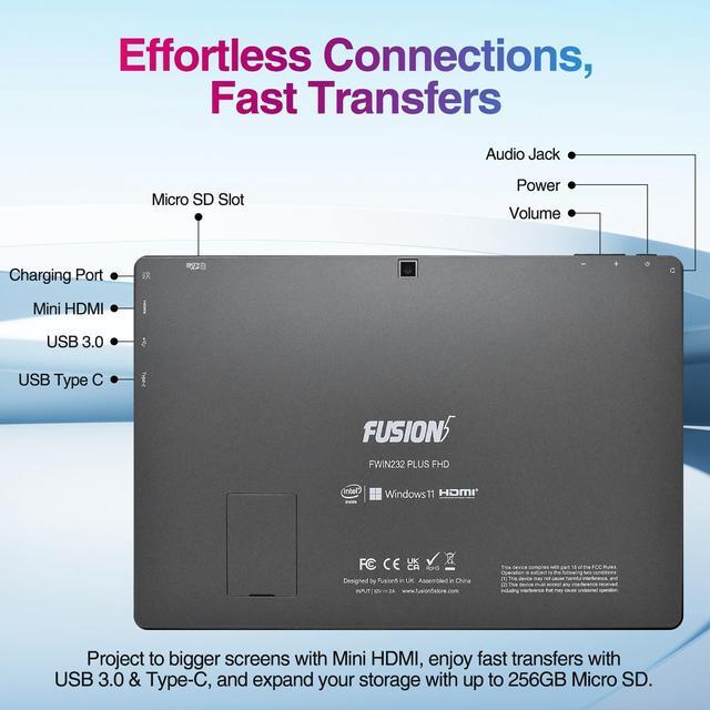 Alt view image 4 of 6 - Fusion5 10.1" Windows 11 Tablet PC - Ultra Slim Full HD Tablet Computer - 8GB RAM, 128GB Storage, 10 Inch Display, 5G WiFi, Quad-Core CPU, USB 3.0, Micro HDMI, Dual Cameras, Bluetooth