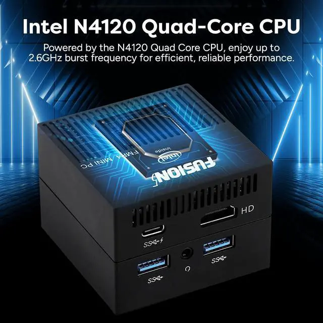 Alt view image 2 of 6 - Fusion5 Mini PC Windows 11 Pro Computer - 128GB Storage, 8GB RAM, Intel Quad Core - Small & Portable Desktop Mini Computer with Dual Band WiFi, HDMI, USB 3.0, Micro SD Card Slot