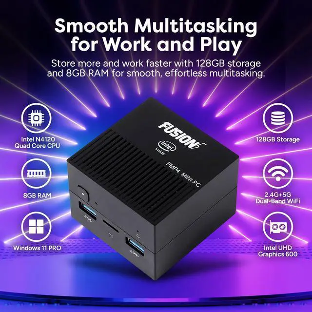 Alt view image 3 of 6 - Fusion5 Mini PC Windows 11 Pro Computer - 128GB Storage, 8GB RAM, Intel Quad Core - Small & Portable Desktop Mini Computer with Dual Band WiFi, HDMI, USB 3.0, Micro SD Card Slot
