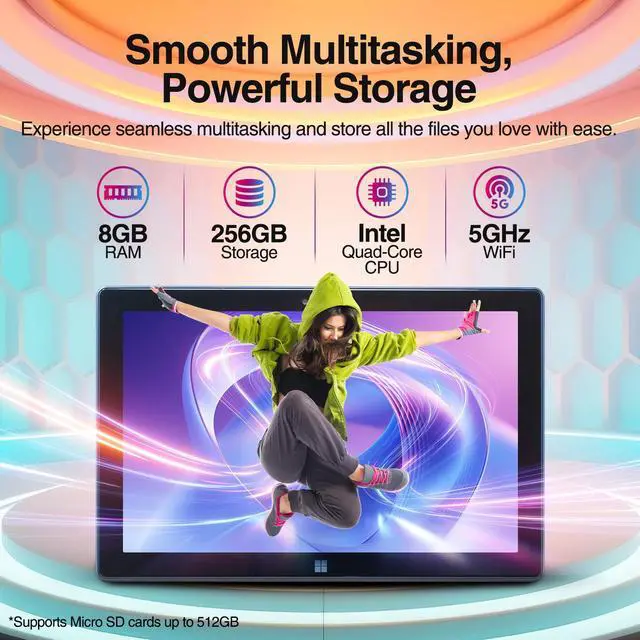 Alt view image 2 of 6 - Fusion5 10 Inch Windows 11 Full HD Tablet PC - Ultra Slim Tablet Computer - 8GB RAM, 256 GB Storage, 10.1" Inch Display, 5G WiFi, Quad-Core CPU, Micro HDMI, USB 3.0, Dual Cameras