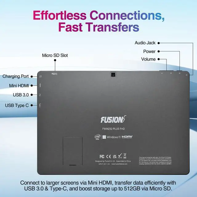 Alt view image 4 of 6 - Fusion5 10 Inch Windows 11 Full HD Tablet PC - Ultra Slim Tablet Computer - 8GB RAM, 256 GB Storage, 10.1" Inch Display, 5G WiFi, Quad-Core CPU, Micro HDMI, USB 3.0, Dual Cameras