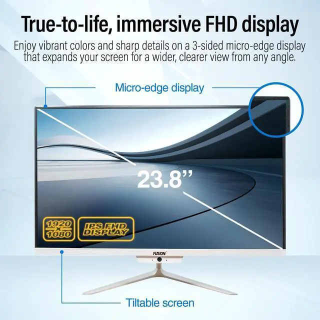 Alt view image 3 of 6 - Fusion5 23.8" Full HD All-in-One Desktop Computer - 16GB RAM, 512GB SSD, Intel 13th Gen, Windows 11, Dual-Band WiFi, HDMI, USB 3.0, FHD IPS Display - AIO PC with Wireless Keyboard, Mouse, 2MP Camera