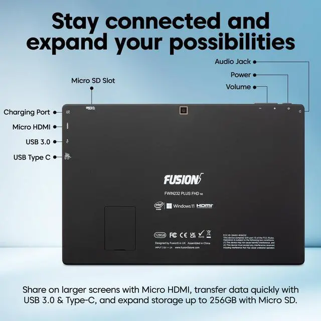Alt view image 6 of 7 - Fusion5 Built in USA 10.1" Windows 11 Professional Full HD Tablet PC - 8GB RAM, 256GB SSD, Intel Quad-Core, Ultra Slim, 10 Inch Windows Tablet, USB, HDMI - 2 Year Full Warranty with Accidental Damage
