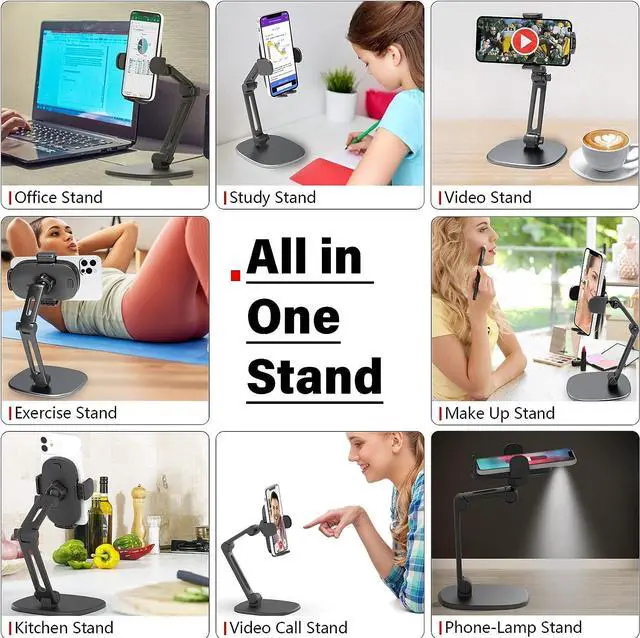 Alt view image 6 of 7 - Phone Stand for Desk [No Dropping Stable Triple-Clamp Holder] Adjustable Height 360 Degree Rotation Heavy Base Thick Case Friendly, APPS2Car Multifunctional Cell Phones Stand for iPhone Android Phones