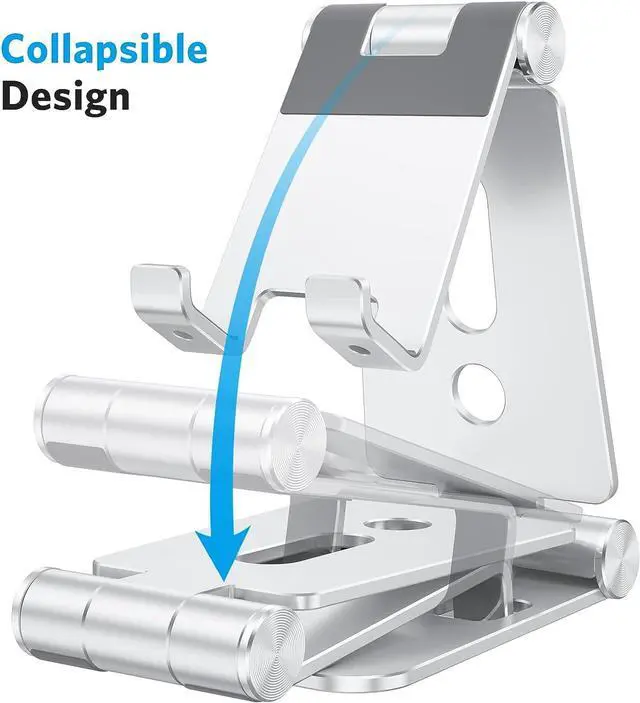 Alt view image 3 of 7 - OMOTON Foldable Cell Phone Stand, C4 Portable Aluminum Phone Holder, Adjustable Phone Dock Cradle Compatible with iPhone 14/13/12/11 Pro Max, Samsung Galaxy, Small Tablets and Other Phones, Silver