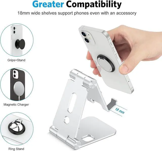 Alt view image 7 of 7 - OMOTON Foldable Cell Phone Stand, C4 Portable Aluminum Phone Holder, Adjustable Phone Dock Cradle Compatible with iPhone 14/13/12/11 Pro Max, Samsung Galaxy, Small Tablets and Other Phones, Silver