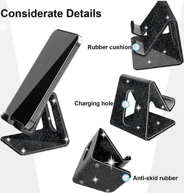 Alt view image 3 of 7 - Crpich Acrylic Cell Phone Stand, Portable Phone Holder, Phone Stand for Desk, Compatible with Phone 14 13 12 Pro Max Mini 11 Xr 8 Plus SE, Switch, Android Smartphone, Pad, Tablet, Glitter Black