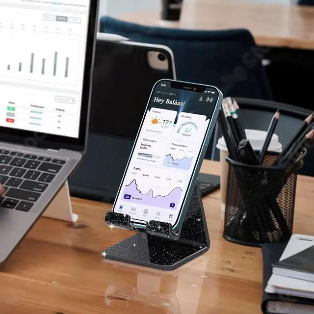Alt view image 6 of 7 - Crpich Acrylic Cell Phone Stand, Portable Phone Holder, Phone Stand for Desk, Compatible with Phone 14 13 12 Pro Max Mini 11 Xr 8 Plus SE, Switch, Android Smartphone, Pad, Tablet, Glitter Black