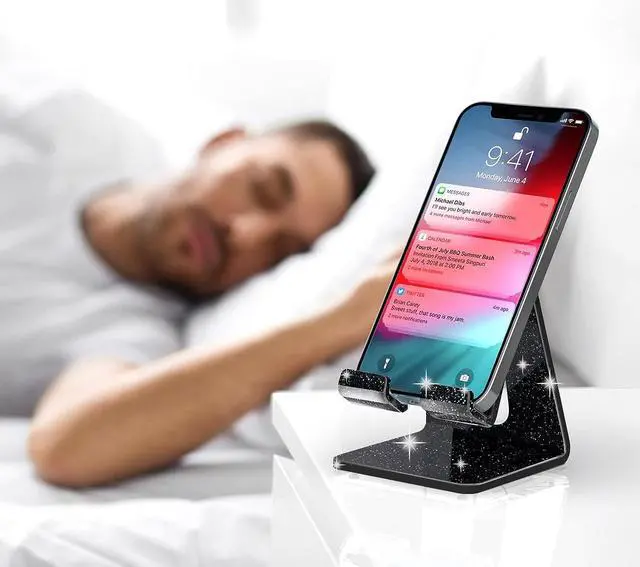 Alt view image 7 of 7 - Crpich Acrylic Cell Phone Stand, Portable Phone Holder, Phone Stand for Desk, Compatible with Phone 14 13 12 Pro Max Mini 11 Xr 8 Plus SE, Switch, Android Smartphone, Pad, Tablet, Glitter Black