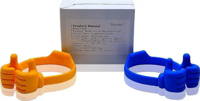 Alt view image 7 of 7 - Honsky Thumbs-up Cell Phone Stands, Tablet Display Stands, Cellphone Holder, Mobile Smartphone Mount Cradle for Desk Desktop  Universal Multi-Angle Cute, 2 Packs, Yellow, Blue, Welcome to consult