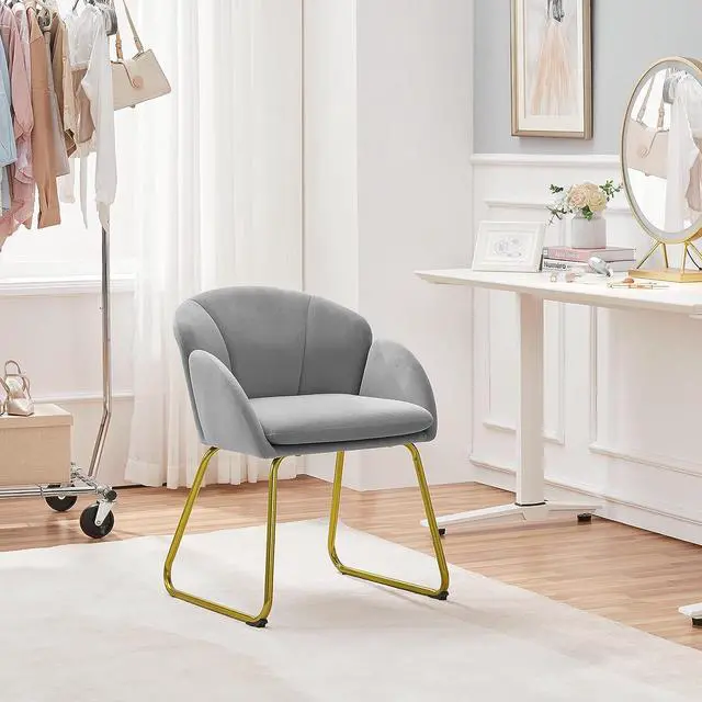 Alt view image 5 of 7 - Yaheetech Flower Shape Velvet Vanity Chair, Modern Side Chair Armchair with Golden Metal Legs for Living Room/Dressing Room/Bedroom/Home Office/Kitchen, Gray
