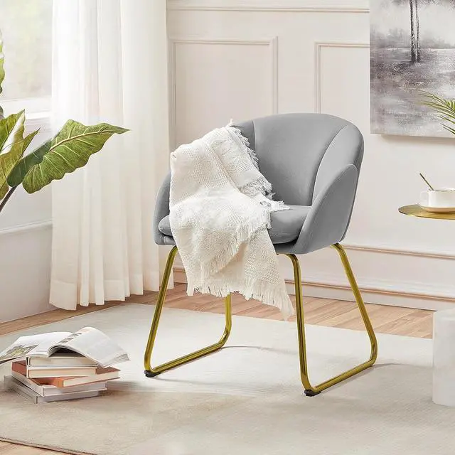 Alt view image 4 of 7 - Yaheetech Flower Shape Velvet Vanity Chair, Modern Side Chair Armchair with Golden Metal Legs for Living Room/Dressing Room/Bedroom/Home Office/Kitchen, Gray
