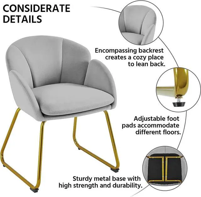 Alt view image 6 of 7 - Yaheetech Flower Shape Velvet Vanity Chair, Modern Side Chair Armchair with Golden Metal Legs for Living Room/Dressing Room/Bedroom/Home Office/Kitchen, Gray
