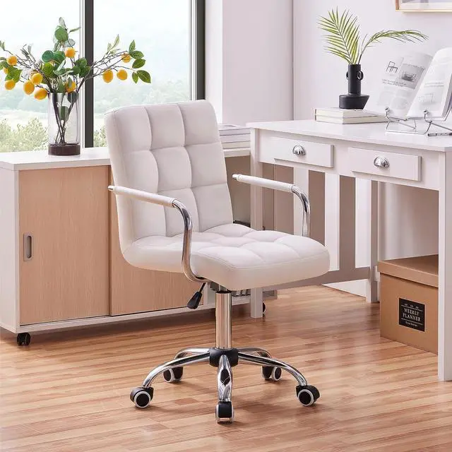 Alt view image 2 of 7 - Yaheetech White Desk Chairs with Wheels/Armrests Modern PU Leather Office Chair Midback Adjustable Home Computer Executive Chair 360° Swivel