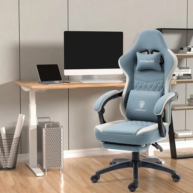 Alt view image 2 of 7 - Dowinx Gaming Chair Breathable Fabic Computer Chair with Pocket Spring Cushion, Comfortable Office Chair with Gel Pad and Storage Bags,Massage Game Chair with Footrest,Blue, Welcome to consult