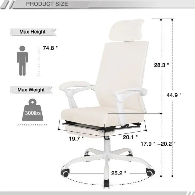 Alt view image 5 of 7 - Qulomvs Mesh Ergonomic Office Chair with Footrest Home Office Desk Chair with Headrest and Backrest 90-135 Adjustable Computer Executive Desk Chair with Wheels 360 Swivel Task Chair