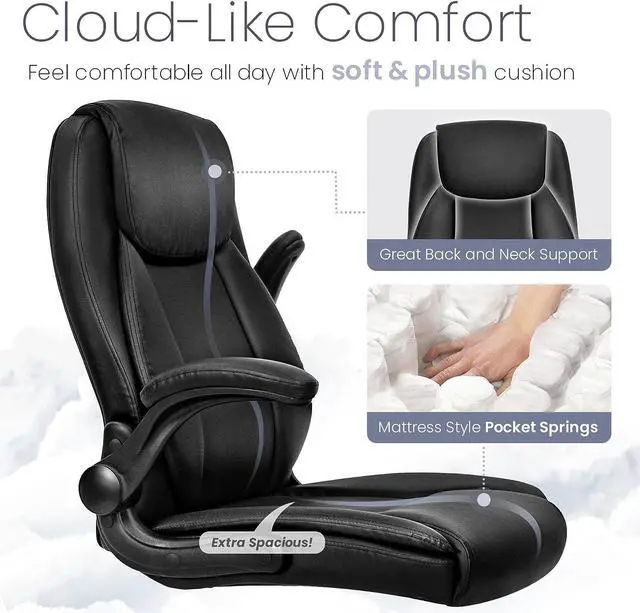 Alt view image 4 of 7 - NEO CHAIR Ergonomic Office Chair PU Leather Executive Chair Padded Flip Up Armrest Computer Chair Adjustable Height High Back Lumbar Support Wheels Swivel for Gaming Desk Chair (Black)