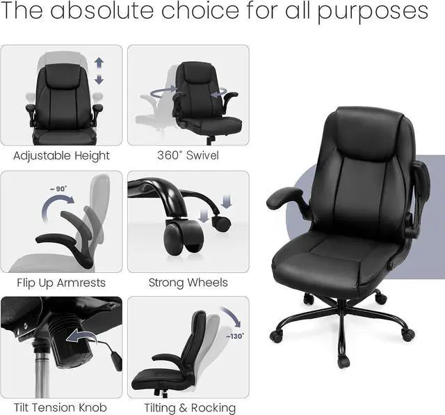 Alt view image 7 of 7 - NEO CHAIR Ergonomic Office Chair PU Leather Executive Chair Padded Flip Up Armrest Computer Chair Adjustable Height High Back Lumbar Support Wheels Swivel for Gaming Desk Chair (Black)