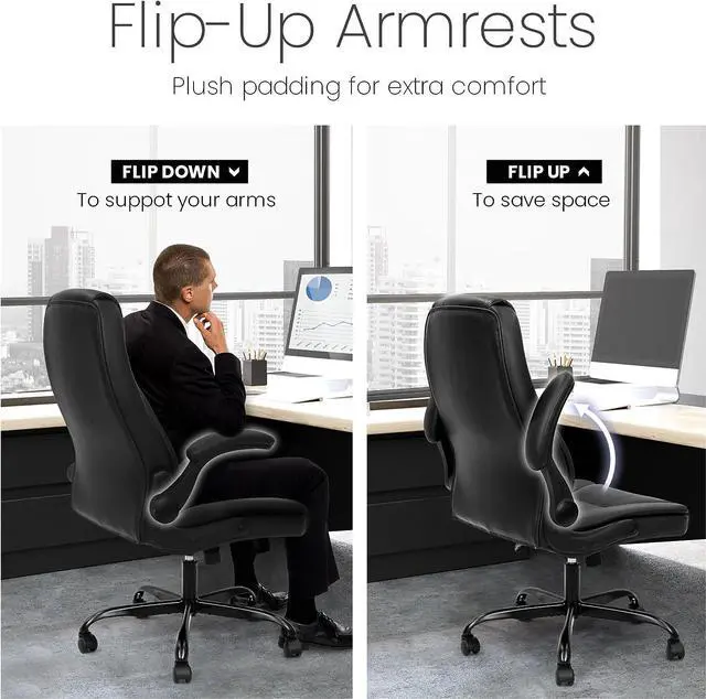 Alt view image 6 of 7 - NEO CHAIR Ergonomic Office Chair PU Leather Executive Chair Padded Flip Up Armrest Computer Chair Adjustable Height High Back Lumbar Support Wheels Swivel for Gaming Desk Chair (Black)