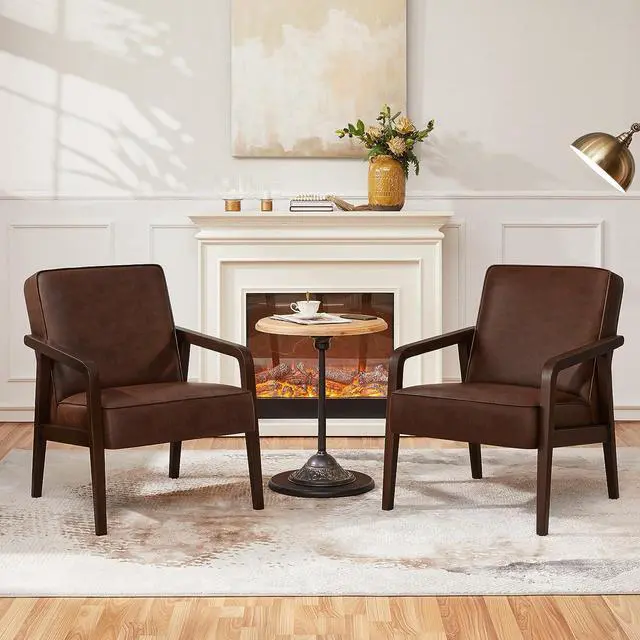 Main image of Yaheetech PU Leather Accent Chair, Mid-Century Modern Barrel Chair with Wooden Frame and Soft Thick Padded for Living Room Bedroom Home Office, 2 PCS, Dark Brown