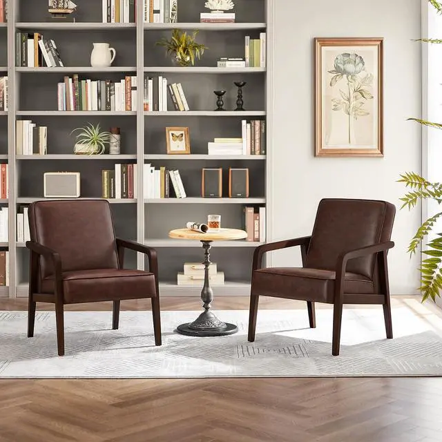 Alt view image 5 of 7 - Yaheetech PU Leather Accent Chair, Mid-Century Modern Barrel Chair with Wooden Frame and Soft Thick Padded for Living Room Bedroom Home Office, 2 PCS, Dark Brown