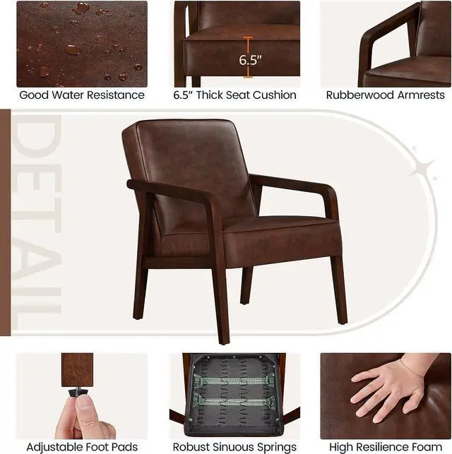 Alt view image 7 of 7 - Yaheetech PU Leather Accent Chair, Mid-Century Modern Barrel Chair with Wooden Frame and Soft Thick Padded for Living Room Bedroom Home Office, 2 PCS, Dark Brown