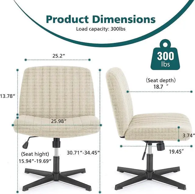 Alt view image 3 of 7 - Cross Legged Armless Wide Adjustable Swivel Padded Fabric Home Office Desk Chair No Wheels