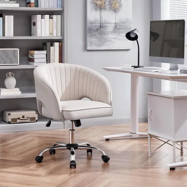 Alt view image 6 of 7 - Yaheetech Cute Desk Chair Velvet Vanity Chair with Wheels Home Office Upholstered Modern Swivel Armchair with Tufted Barrel Back for Study, Vanity, Bedroom Cream