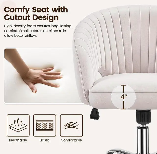 Alt view image 4 of 7 - Yaheetech Cute Desk Chair Velvet Vanity Chair with Wheels Home Office Upholstered Modern Swivel Armchair with Tufted Barrel Back for Study, Vanity, Bedroom Cream