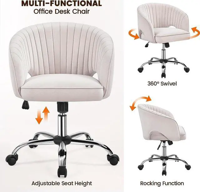 Alt view image 5 of 7 - Yaheetech Cute Desk Chair Velvet Vanity Chair with Wheels Home Office Upholstered Modern Swivel Armchair with Tufted Barrel Back for Study, Vanity, Bedroom Cream