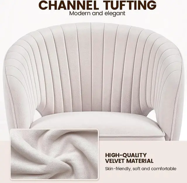 Alt view image 7 of 7 - Yaheetech Cute Desk Chair Velvet Vanity Chair with Wheels Home Office Upholstered Modern Swivel Armchair with Tufted Barrel Back for Study, Vanity, Bedroom Cream