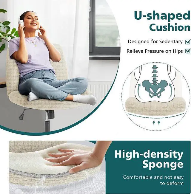 Alt view image 4 of 7 - Cross Legged Armless Wide Adjustable Swivel Padded Fabric Home Office Desk Chair No Wheels